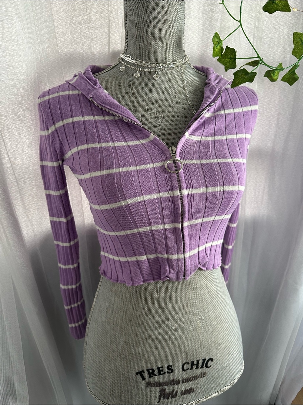Forever 21 Lavender Striped Ribbed Zip Hoodie